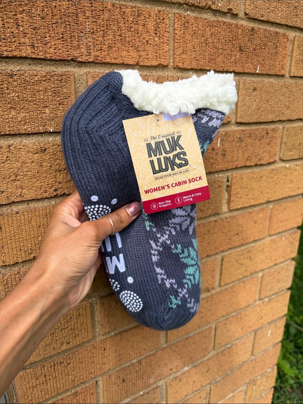 NWT MukLuks Women’s Cabin Socks - Blue, Gray Teal, White Accents Size L/XL 8-10